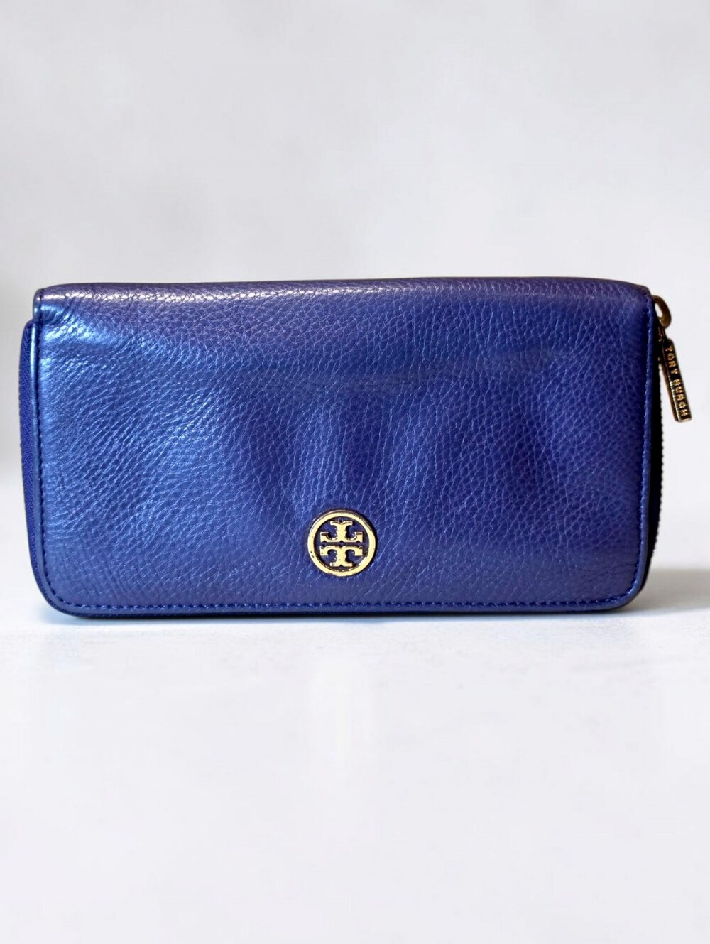 Tory Burch Royal Blue Leather Zip Long Wallet with Gold Logo